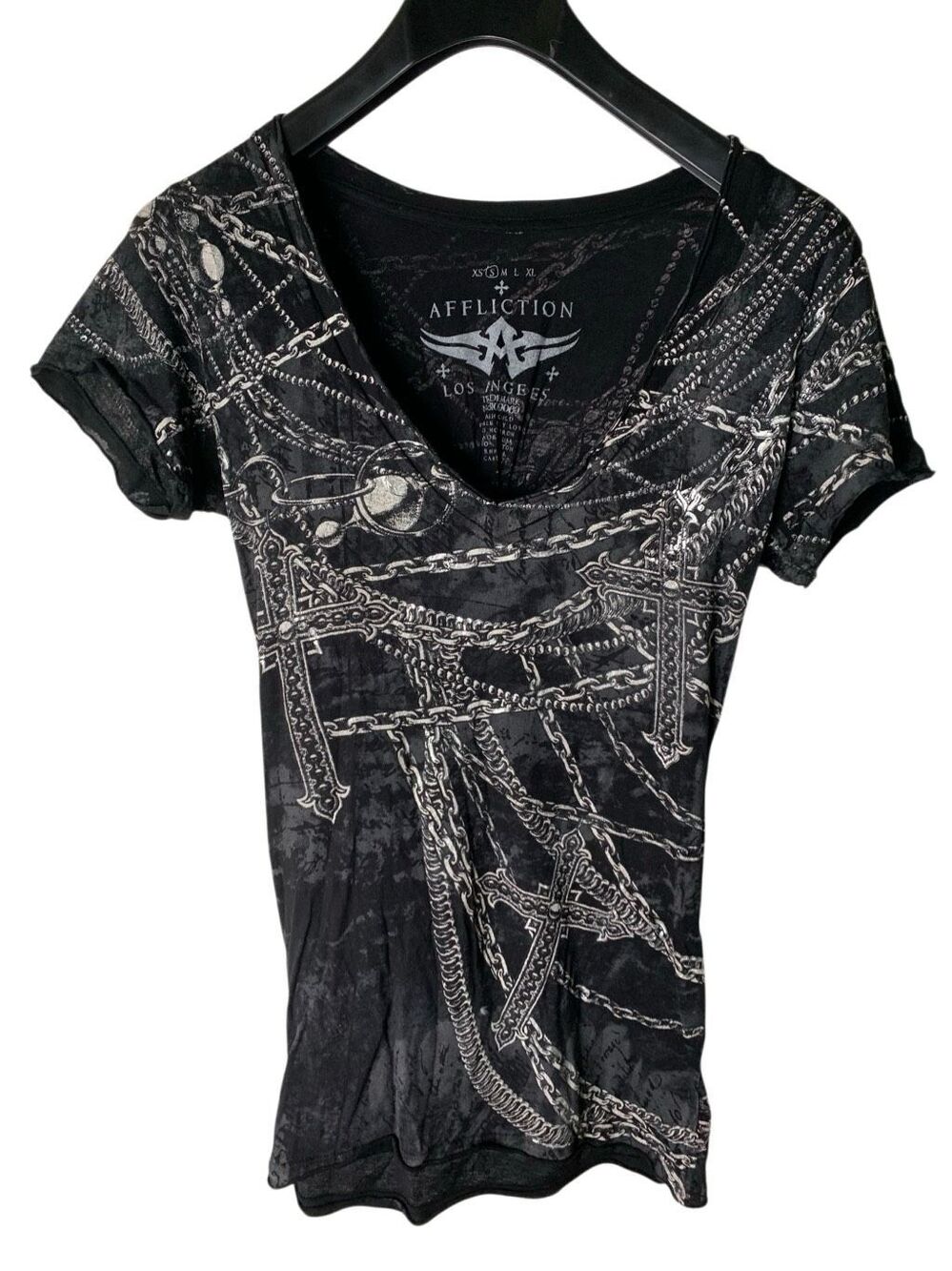 Y2K Affliction v-neck graphic tee silver chain gothcore grunge size small